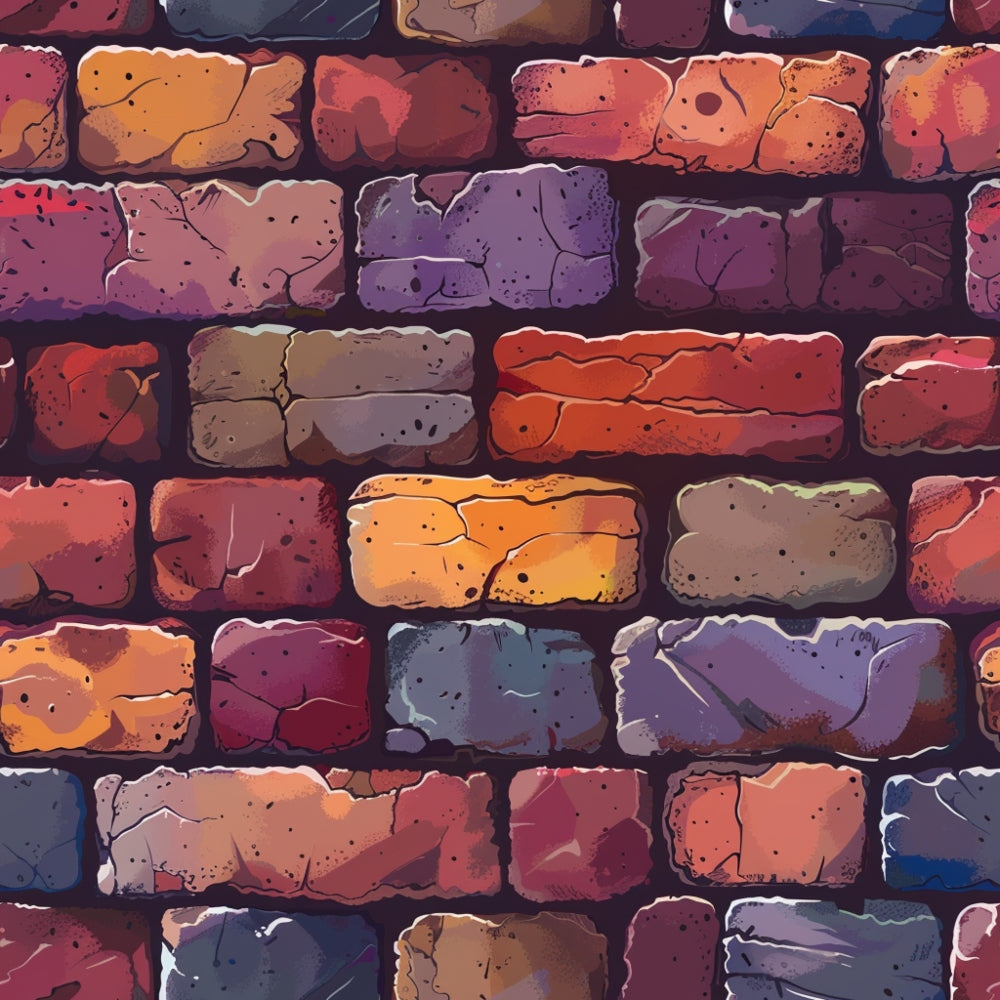 Illustration of a brick wall featuring an array of colorful bricks in shades of red, orange, purple, and blue. Each brick has a textured, uneven surface, contributing to a rustic appearance.