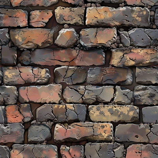 A close-up of a textured brick wall with reddish-brown and dark gray bricks, some appearing weathered and cracked.