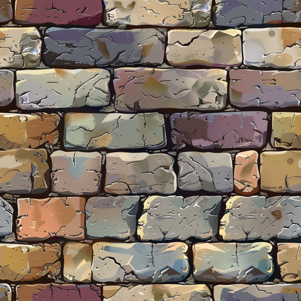 Colorful, textured stone brick wall with various shades of brown, gray, and blue.