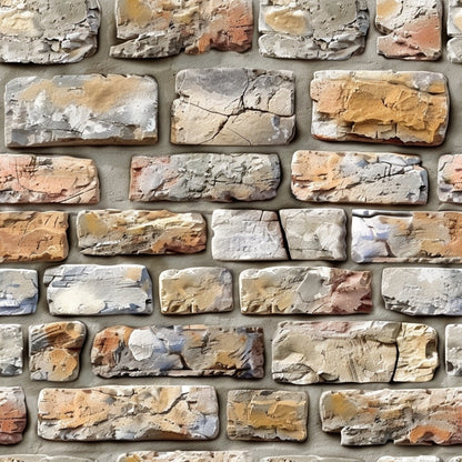 Rough stone wall with rectangular blocks in varying shades of beige, gray, and orange, arranged in a staggered pattern.