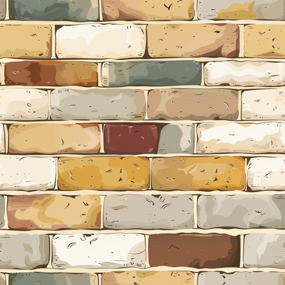 Illustration of a brick wall with a variety of colored bricks in shades of beige, yellow, brown, and green, arranged in a staggered pattern.