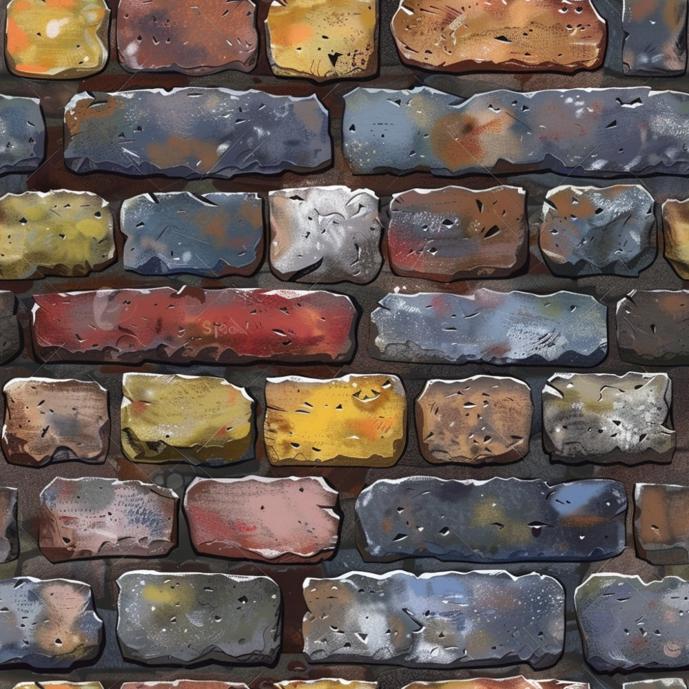 Illustration of a brick wall with multicolored bricks in shades of red, blue, yellow, orange, and gray, featuring a textured and weathered appearance.