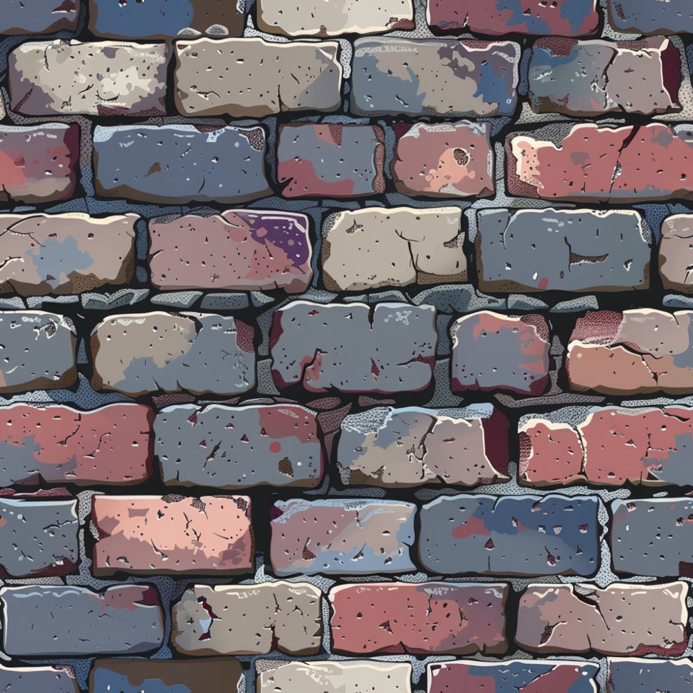 A colorful, stylized brick wall with varied shades of pink, blue, and gray, featuring bold outlines and a painted texture.