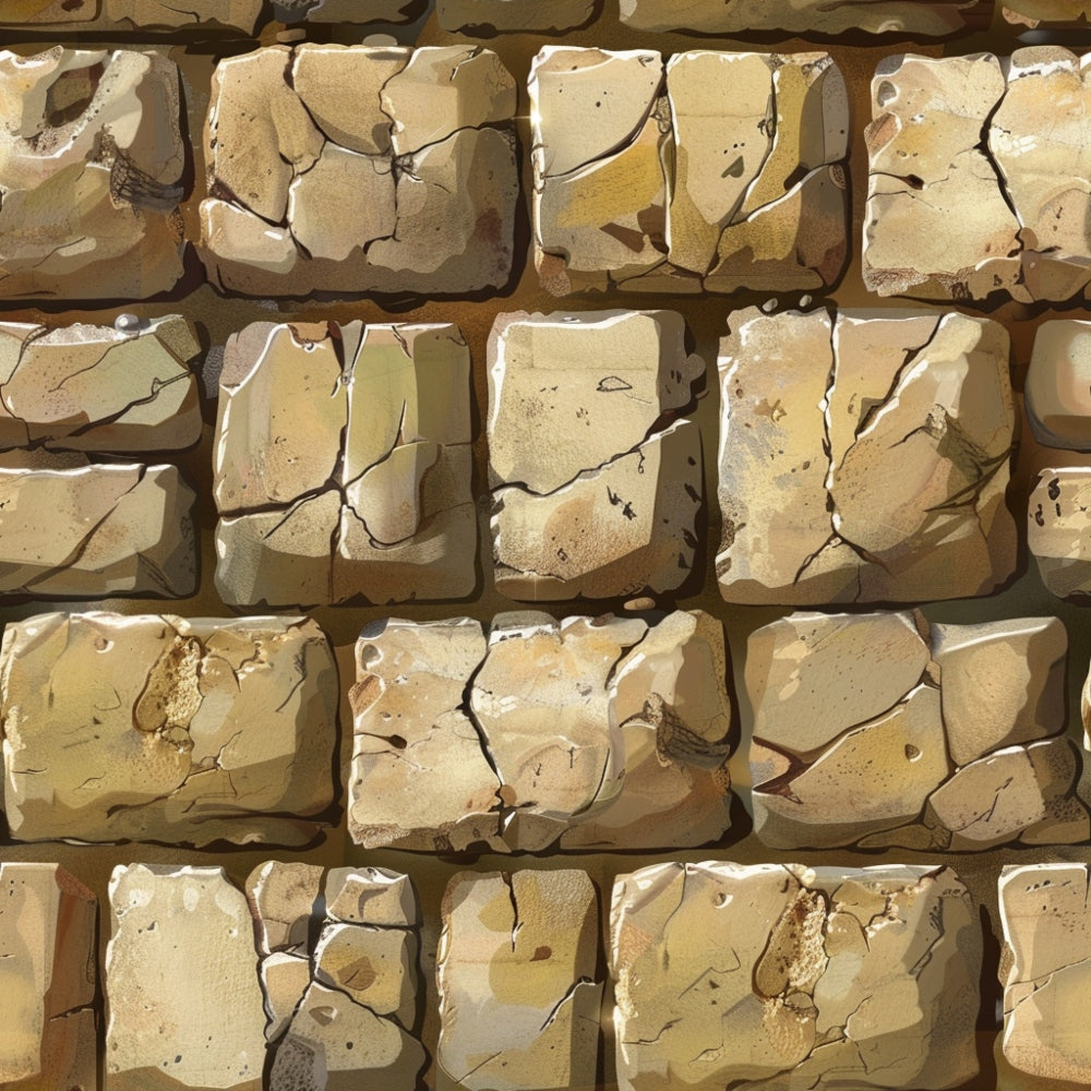 Close-up of a textured stone wall with irregular, weathered stones in various shades of brown and beige, showing visible cracks and rough surfaces.