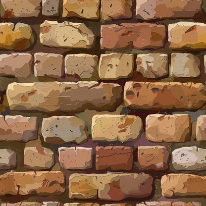 Close-up of a textured brick wall with varying shades of brown, beige, and red bricks arranged in a horizontal pattern.