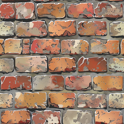 A brick wall with a textured, abstract design in shades of orange, brown, and gray, featuring irregular patterns and speckles.