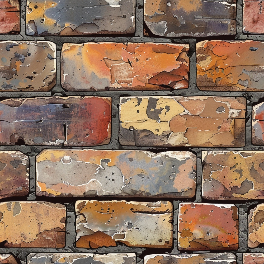 Close-up of a weathered brick wall with various shades of orange, red, and gray paint peeling off the surface, revealing the bricks beneath.