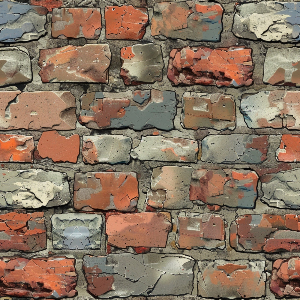 Weathered red and gray brick wall with irregular patterns and varying textures.