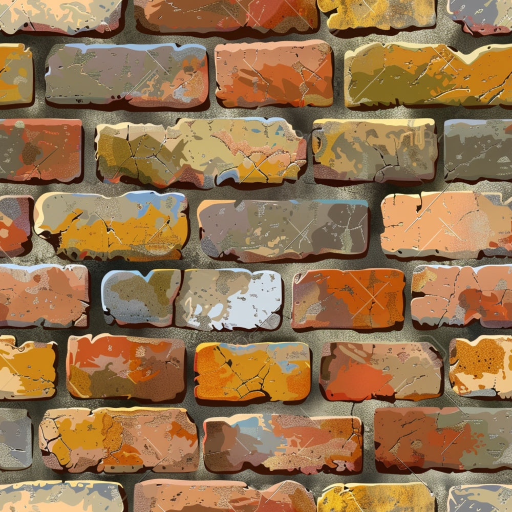 Illustration of a colorful brick wall pattern with varying shades of orange, yellow, and brown, and subtle paint splatters throughout.